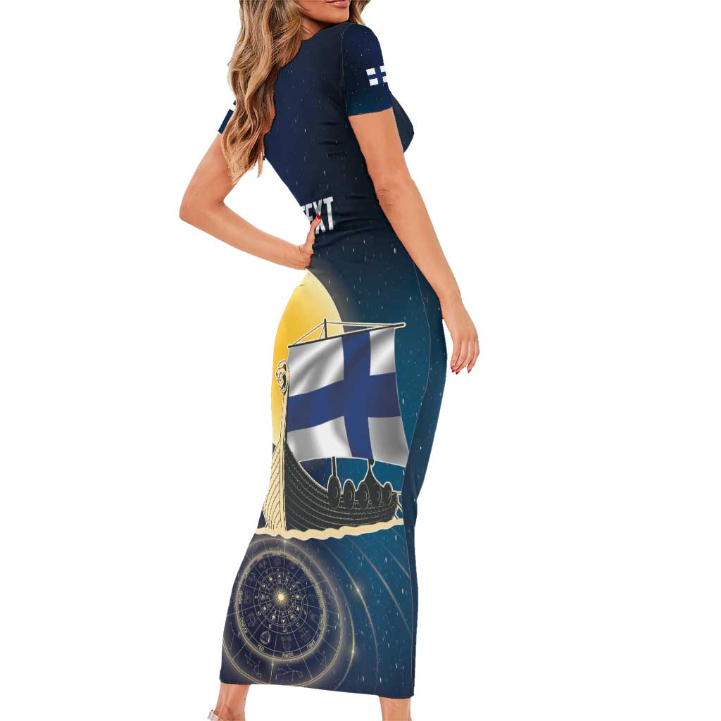 Personalized Finland Drakkar Vikings Family Matching Short Sleeve Bodycon Dress and Hawaiian Shirt Longships with Vegvisir