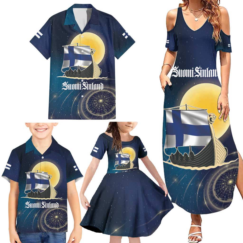 Personalized Finland Drakkar Vikings Family Matching Summer Maxi Dress and Hawaiian Shirt Longships with Vegvisir