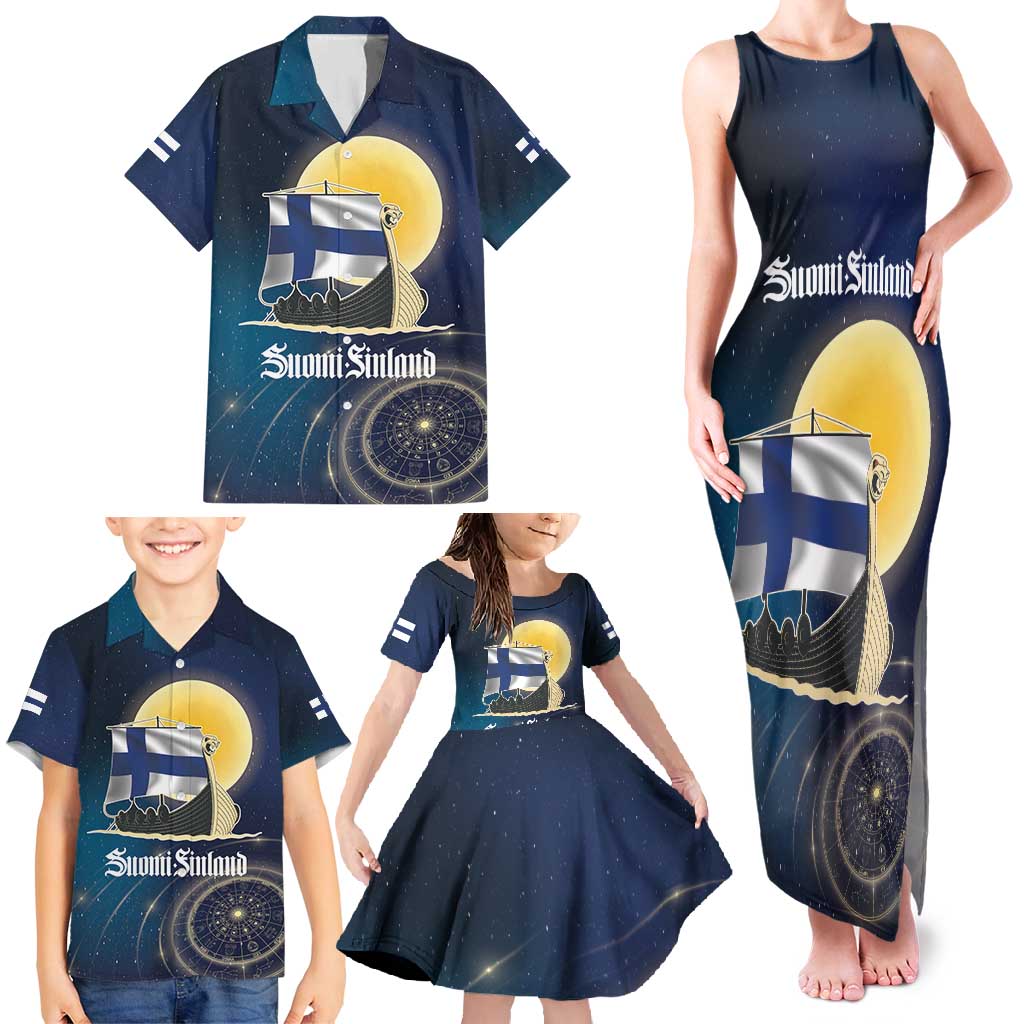 Personalized Finland Drakkar Vikings Family Matching Tank Maxi Dress and Hawaiian Shirt Longships with Vegvisir
