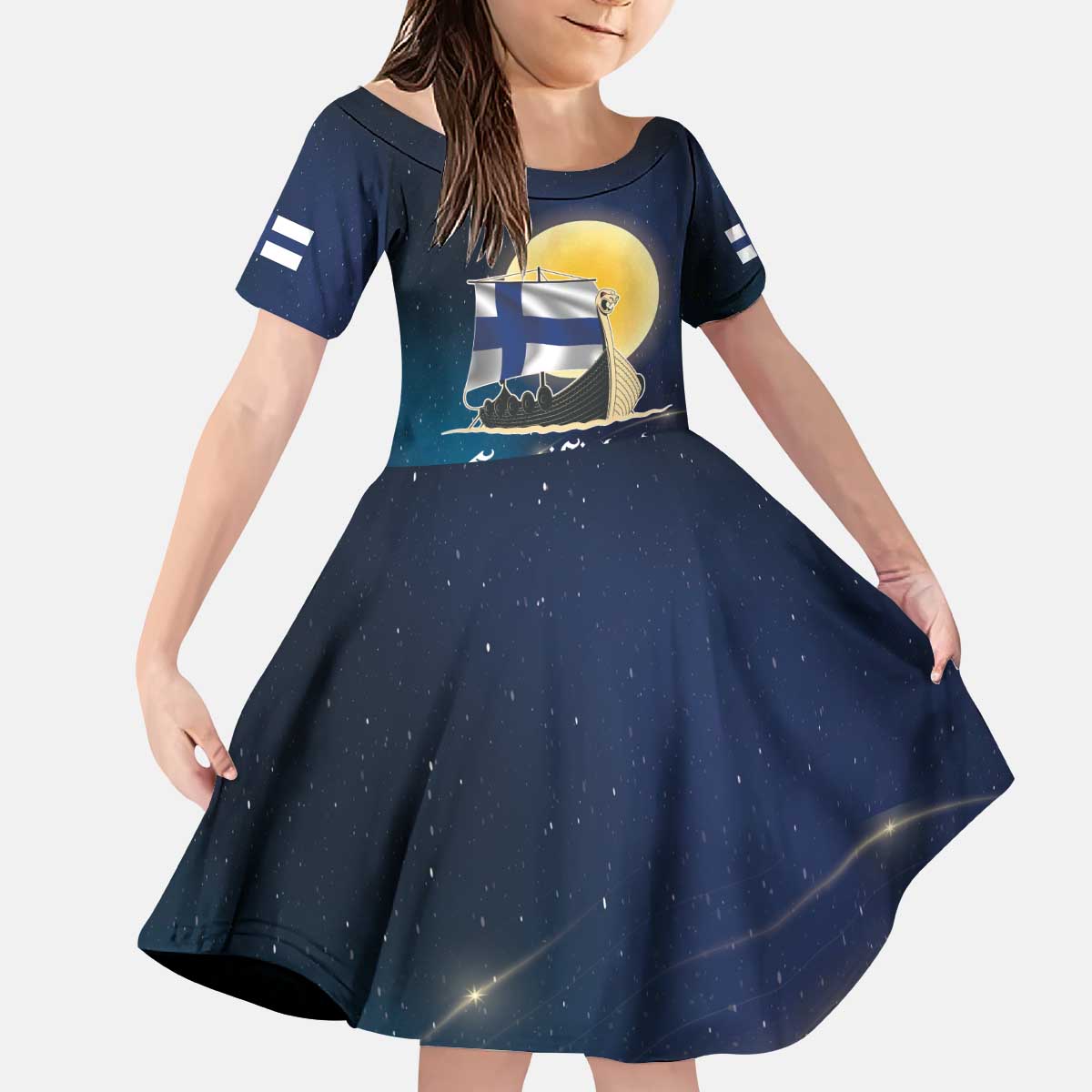 Personalized Finland Drakkar Vikings Kid Short Sleeve Dress Longships with Vegvisir