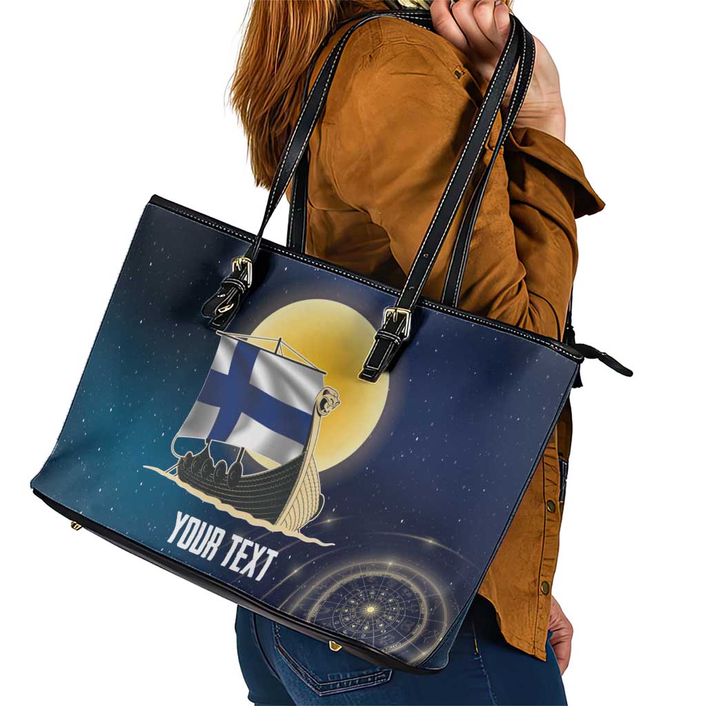 Personalized Finland Drakkar Vikings Leather Tote Bag Longships with Vegvisir