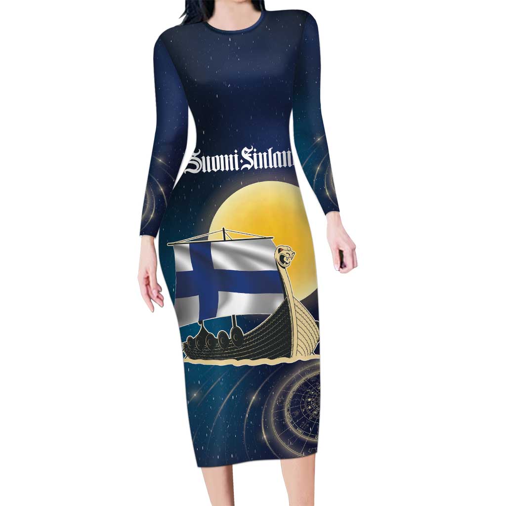 Personalized Finland Drakkar Vikings Long Sleeve Bodycon Dress Longships with Vegvisir