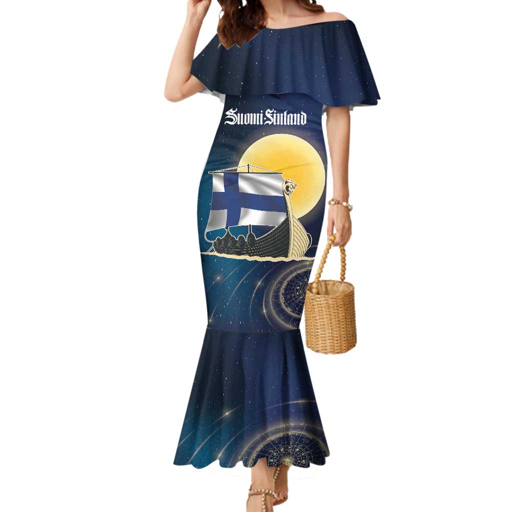 Personalized Finland Drakkar Vikings Mermaid Dress Longships with Vegvisir