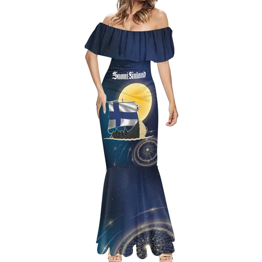 Personalized Finland Drakkar Vikings Mermaid Dress Longships with Vegvisir