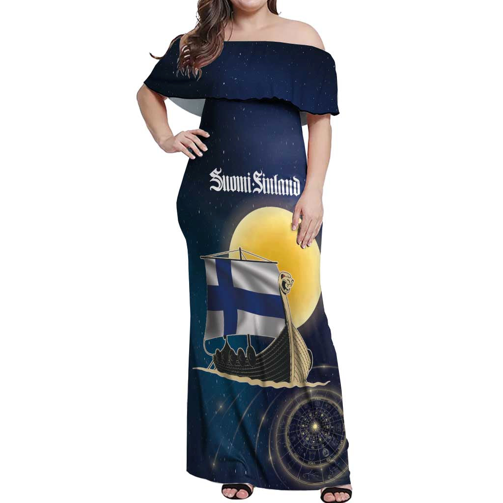 Personalized Finland Drakkar Vikings Off Shoulder Maxi Dress Longships with Vegvisir