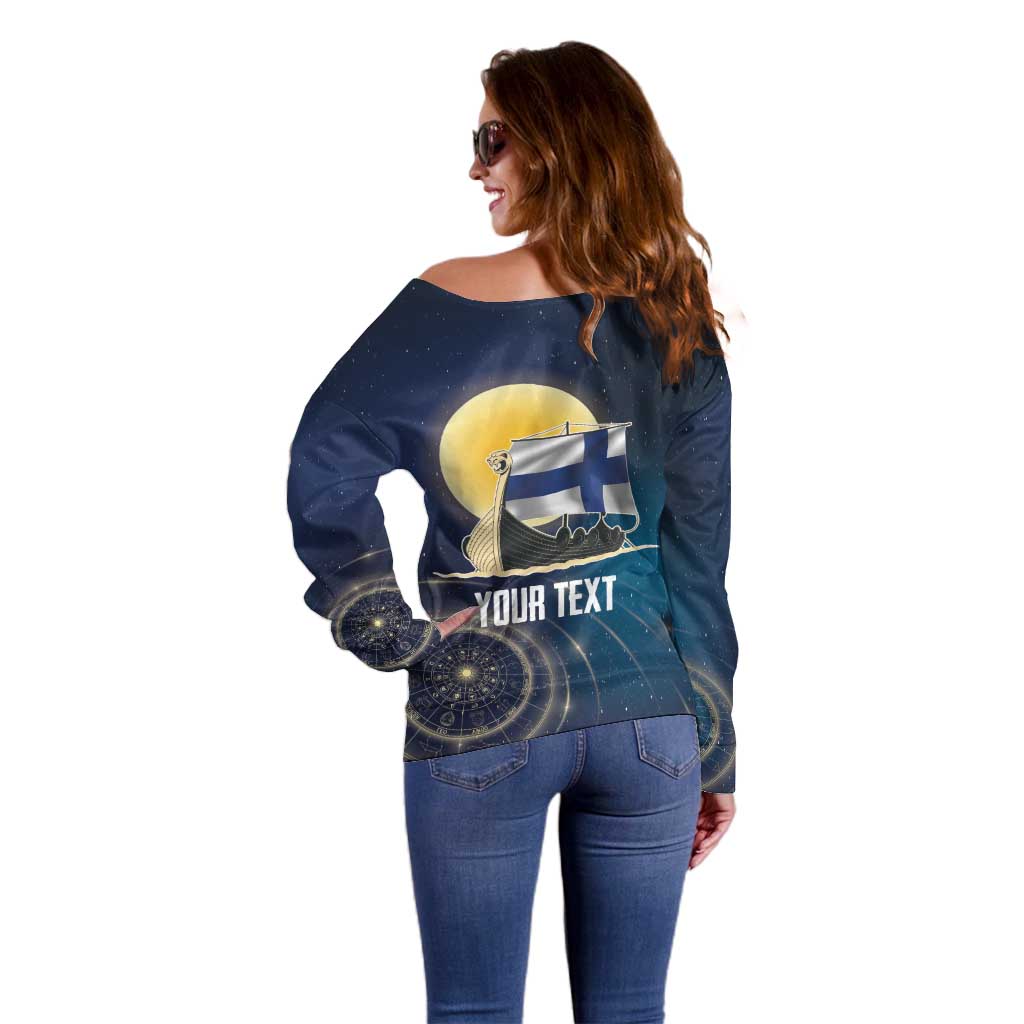 Personalized Finland Drakkar Vikings Off Shoulder Sweater Longships with Vegvisir