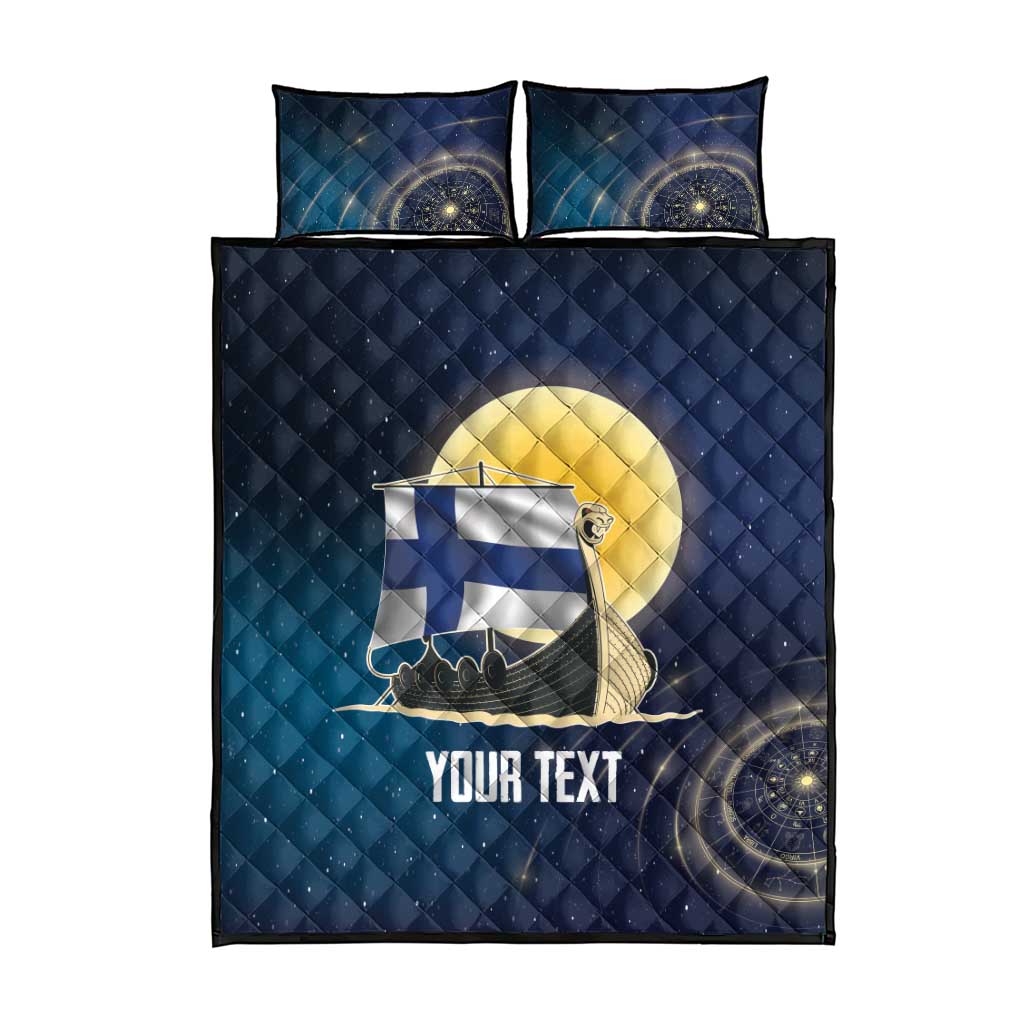 Personalized Finland Drakkar Vikings Quilt Bed Set Longships with Vegvisir