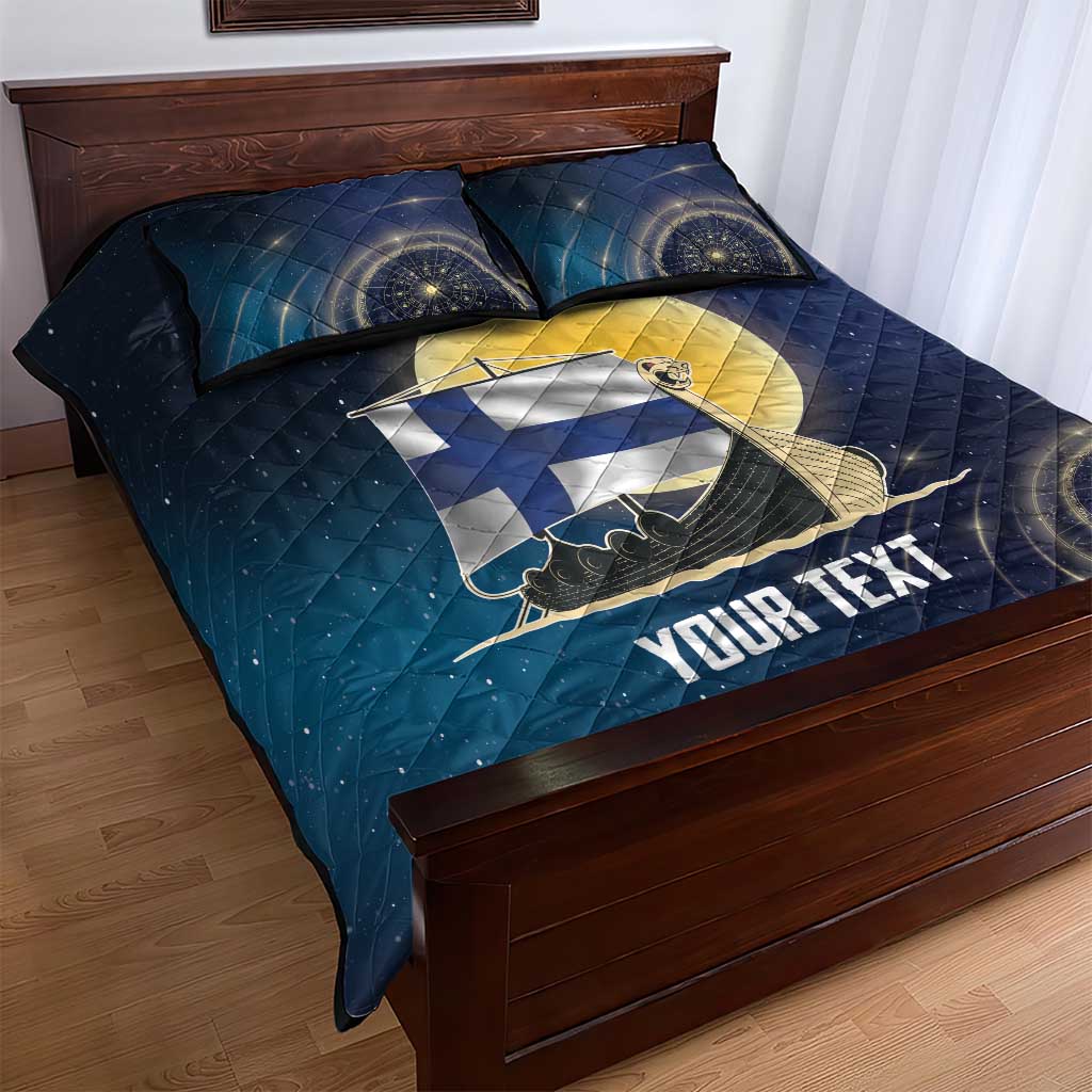 Personalized Finland Drakkar Vikings Quilt Bed Set Longships with Vegvisir