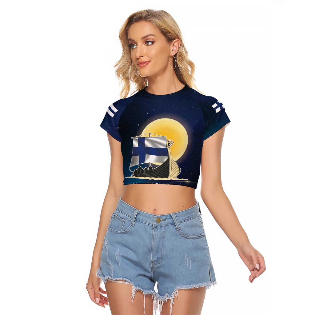 Personalized Finland Drakkar Vikings Raglan Cropped T Shirt Longships with Vegvisir