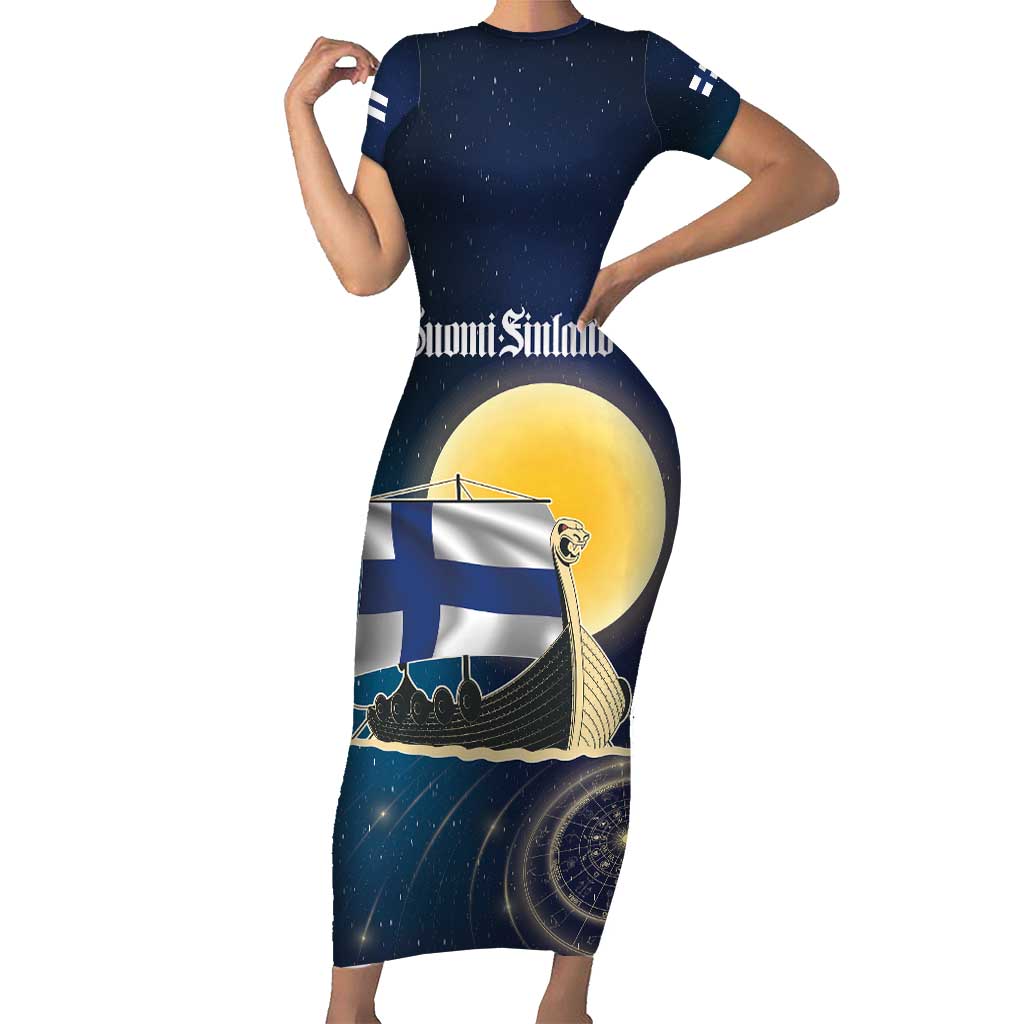 Personalized Finland Drakkar Vikings Short Sleeve Bodycon Dress Longships with Vegvisir
