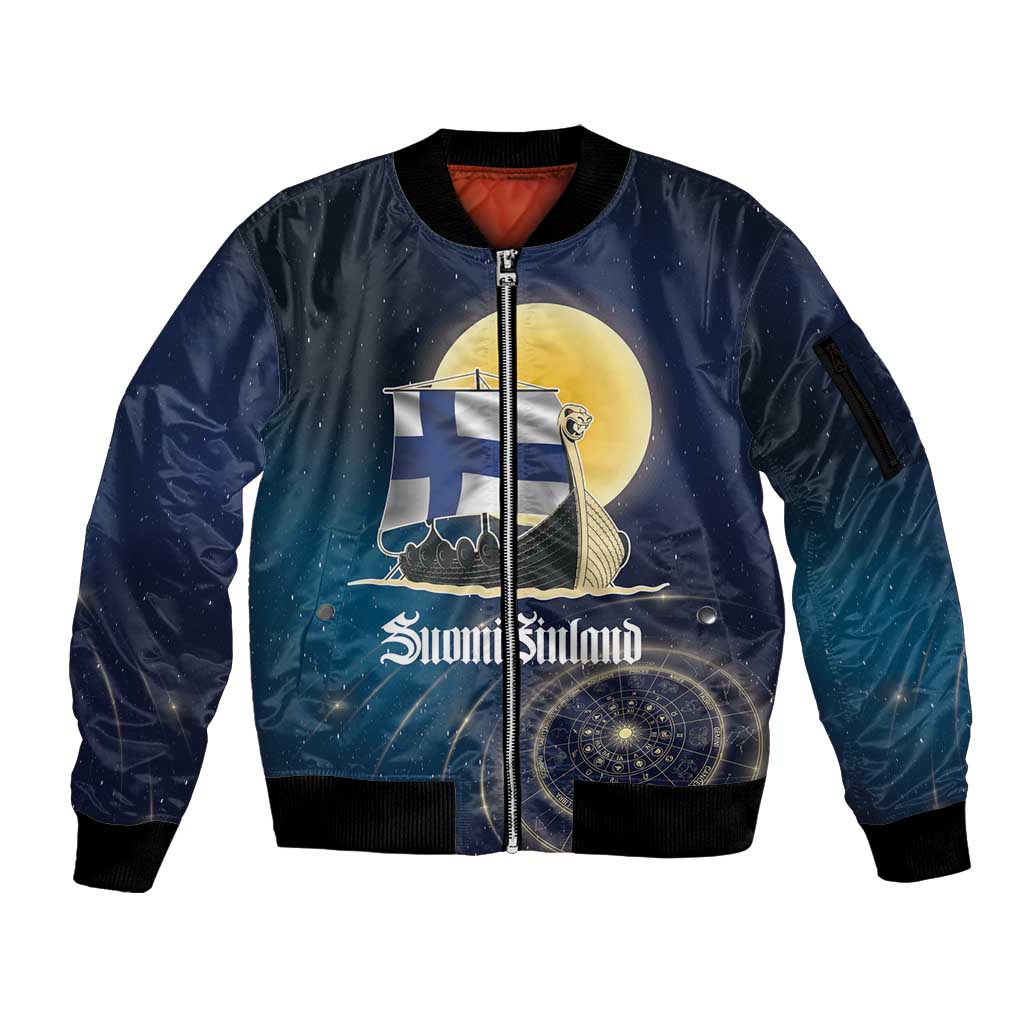 Personalized Finland Drakkar Vikings Sleeve Zip Bomber Jacket Longships with Vegvisir