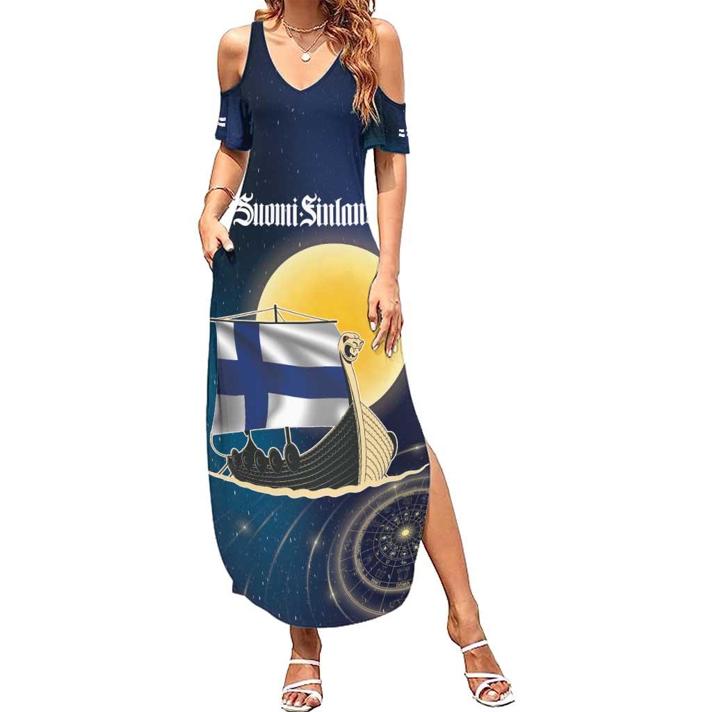 Personalized Finland Drakkar Vikings Summer Maxi Dress Longships with Vegvisir