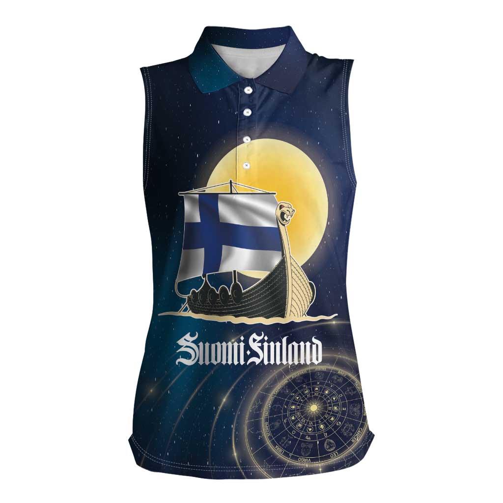 Personalized Finland Drakkar Vikings Women Sleeveless Polo Shirt Longships with Vegvisir