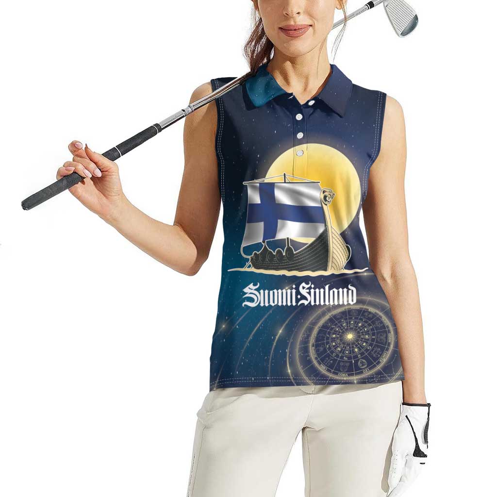 Personalized Finland Drakkar Vikings Women Sleeveless Polo Shirt Longships with Vegvisir