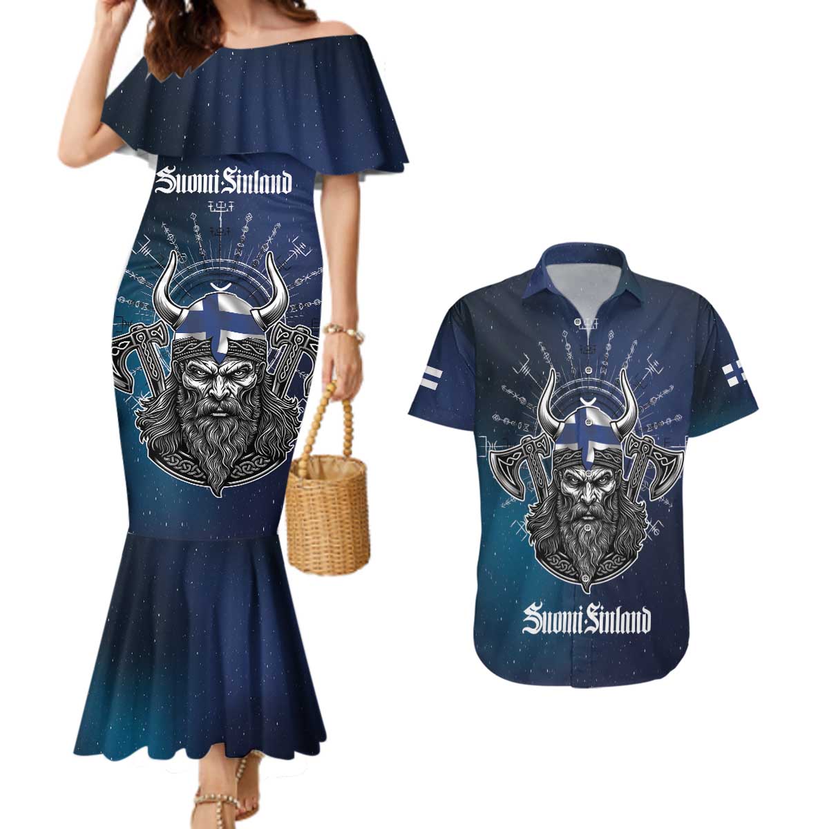 Personalized Finland Drakkar Vikings Couples Matching Mermaid Dress and Hawaiian Shirt Suomi Viking Warrior