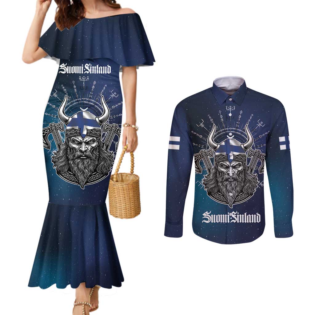 Personalized Finland Drakkar Vikings Couples Matching Mermaid Dress and Long Sleeve Button Shirt Suomi Viking Warrior