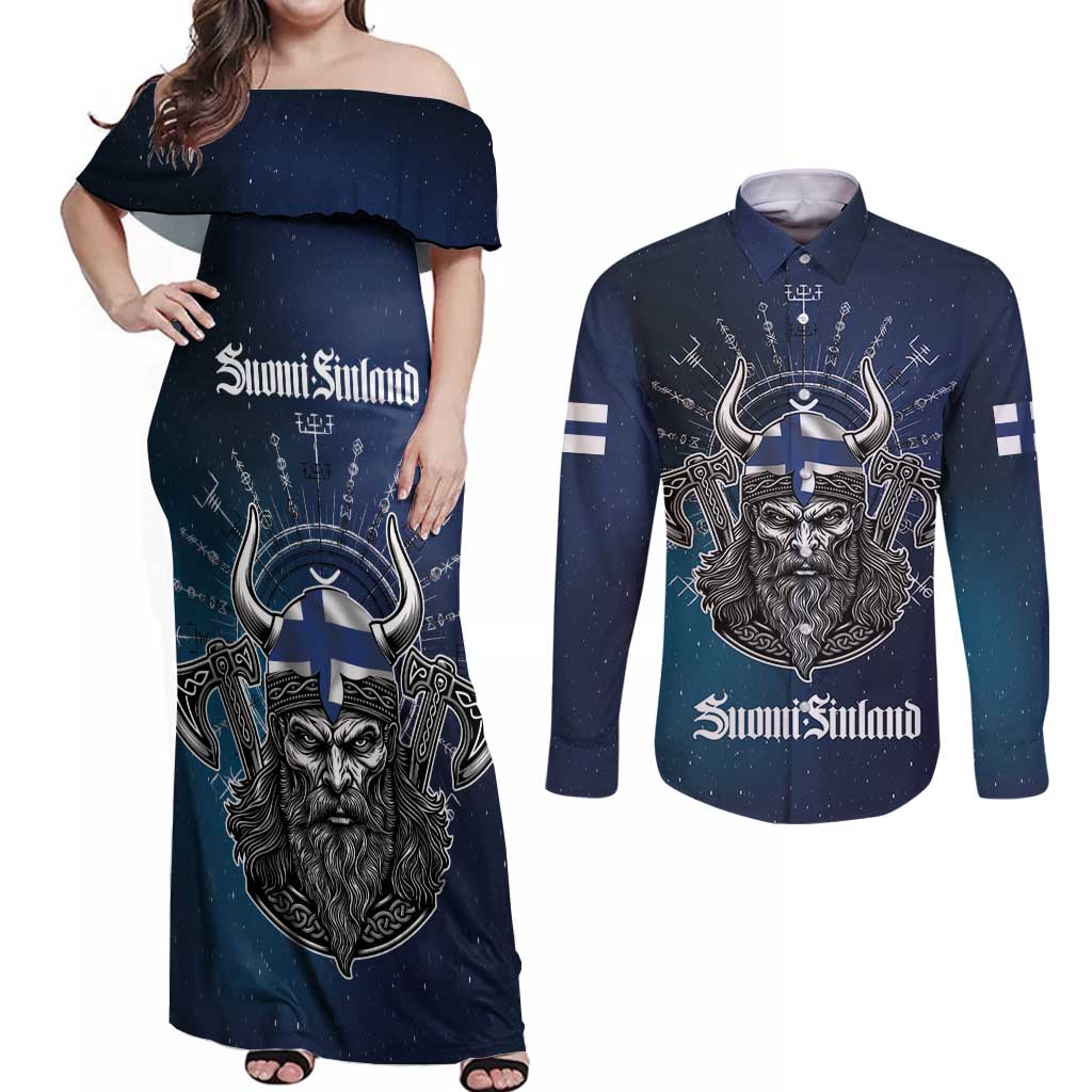 Personalized Finland Drakkar Vikings Couples Matching Off Shoulder Maxi Dress and Long Sleeve Button Shirt Suomi Viking Warrior
