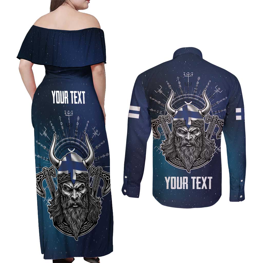 Personalized Finland Drakkar Vikings Couples Matching Off Shoulder Maxi Dress and Long Sleeve Button Shirt Suomi Viking Warrior