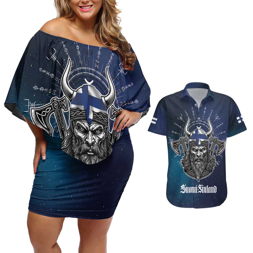 Personalized Finland Drakkar Vikings Couples Matching Off Shoulder Short Dress and Hawaiian Shirt Suomi Viking Warrior