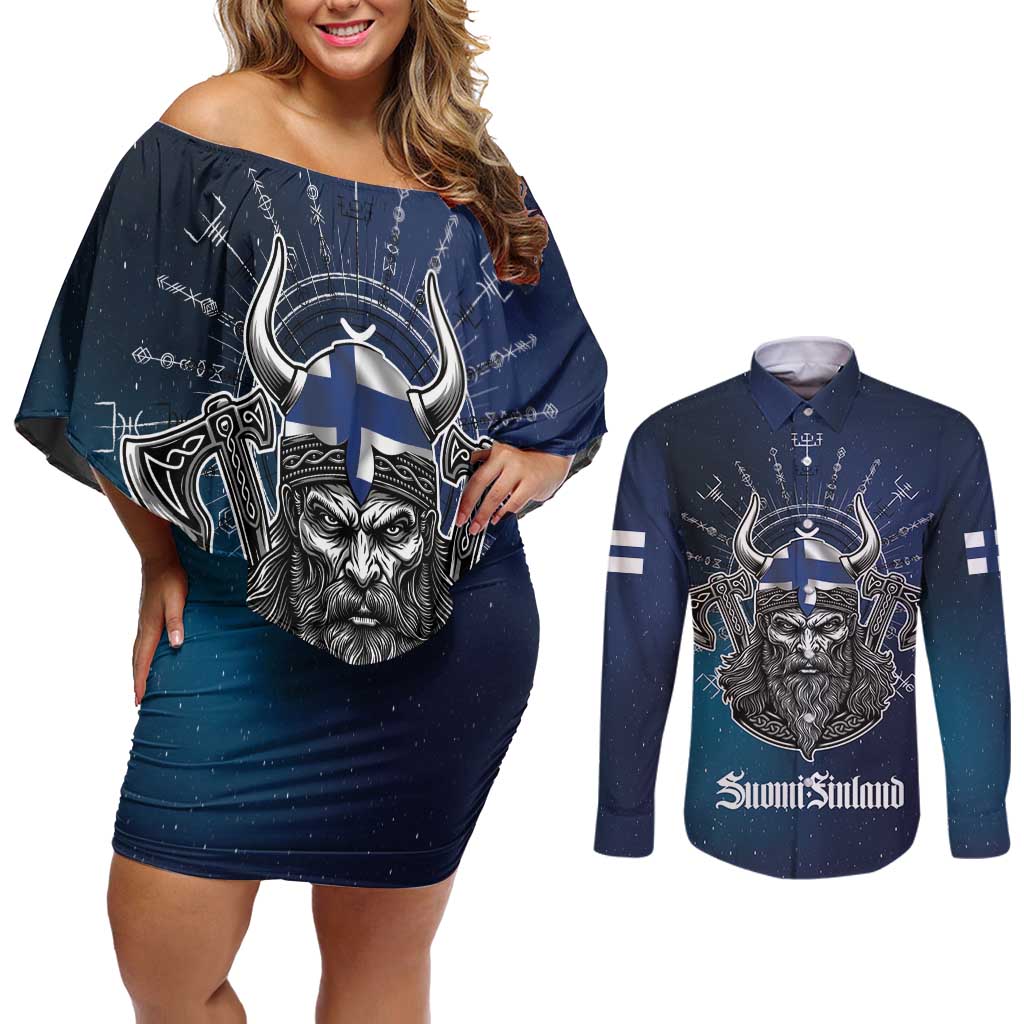 Personalized Finland Drakkar Vikings Couples Matching Off Shoulder Short Dress and Long Sleeve Button Shirt Suomi Viking Warrior