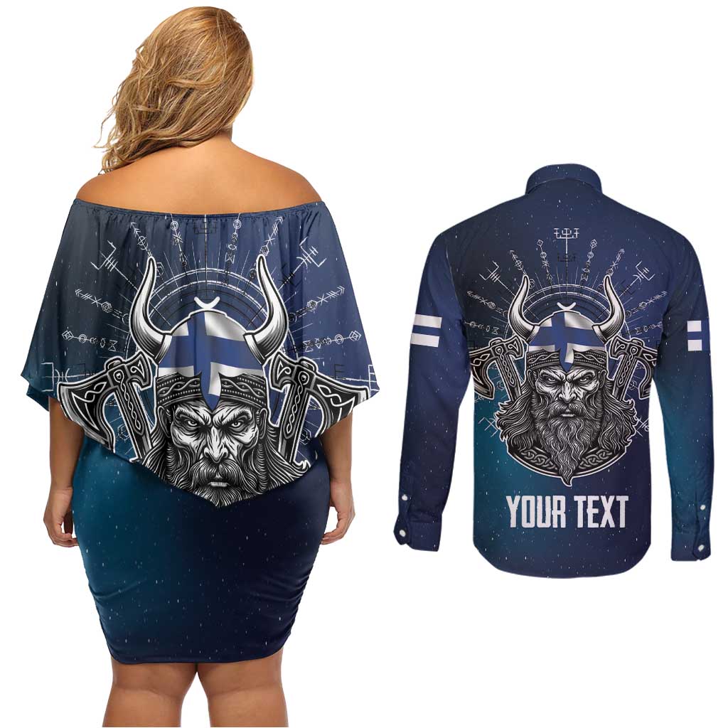 Personalized Finland Drakkar Vikings Couples Matching Off Shoulder Short Dress and Long Sleeve Button Shirt Suomi Viking Warrior