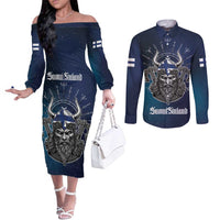 Personalized Finland Drakkar Vikings Couples Matching Off The Shoulder Long Sleeve Dress and Long Sleeve Button Shirt Suomi Viking Warrior