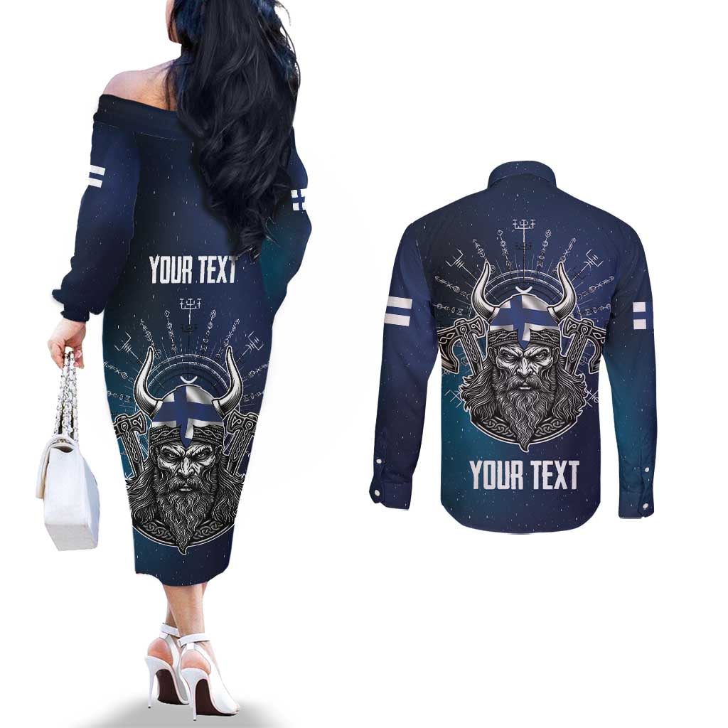 Personalized Finland Drakkar Vikings Couples Matching Off The Shoulder Long Sleeve Dress and Long Sleeve Button Shirt Suomi Viking Warrior