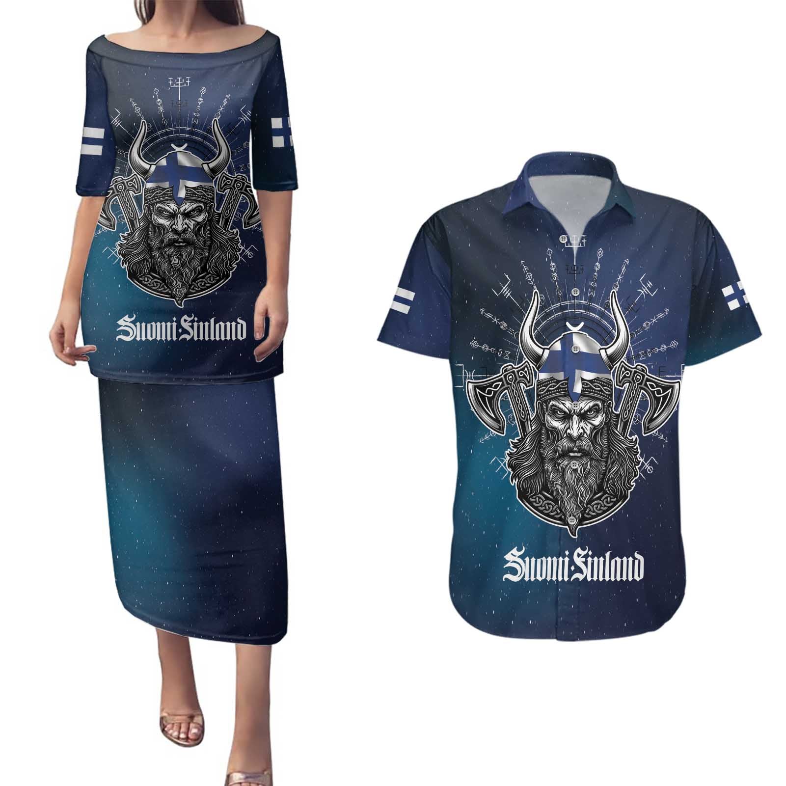 Personalized Finland Drakkar Vikings Couples Matching Puletasi and Hawaiian Shirt Suomi Viking Warrior