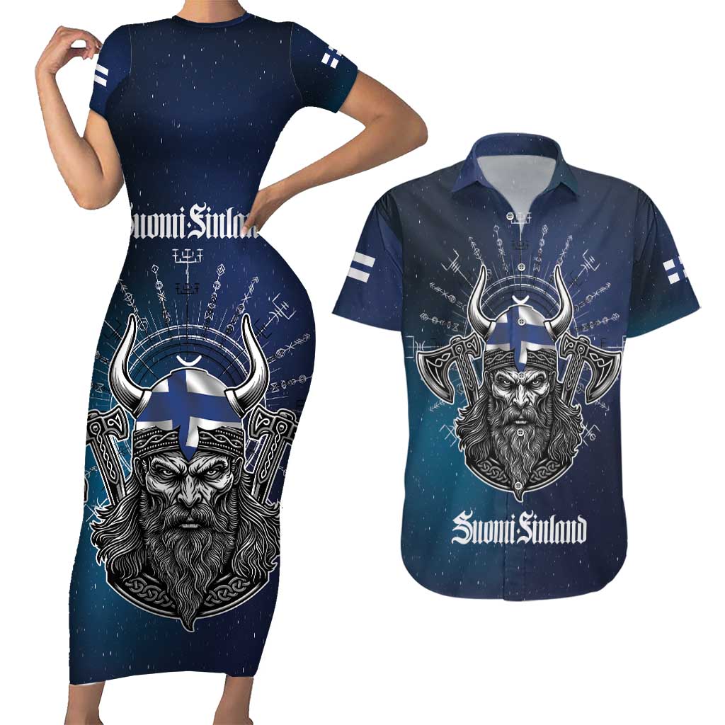 Personalized Finland Drakkar Vikings Couples Matching Short Sleeve Bodycon Dress and Hawaiian Shirt Suomi Viking Warrior