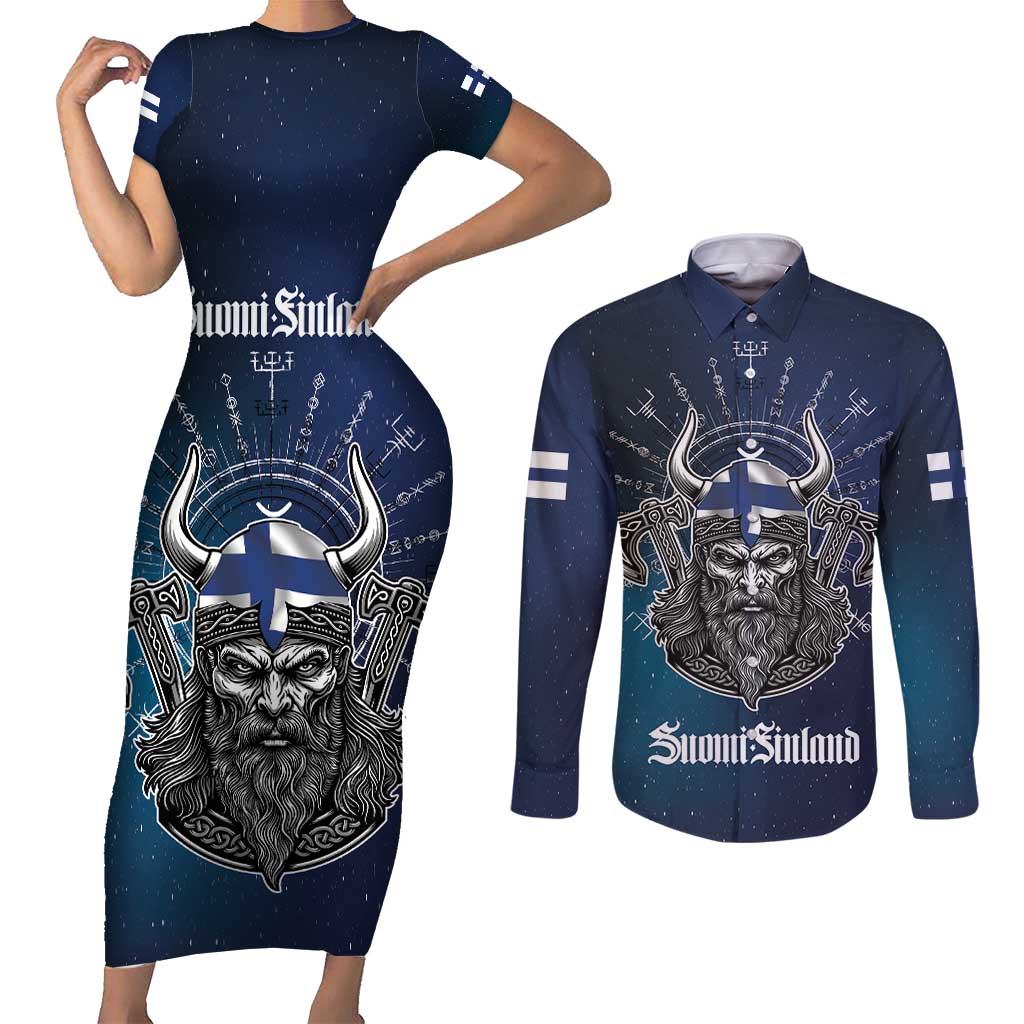 Personalized Finland Drakkar Vikings Couples Matching Short Sleeve Bodycon Dress and Long Sleeve Button Shirt Suomi Viking Warrior
