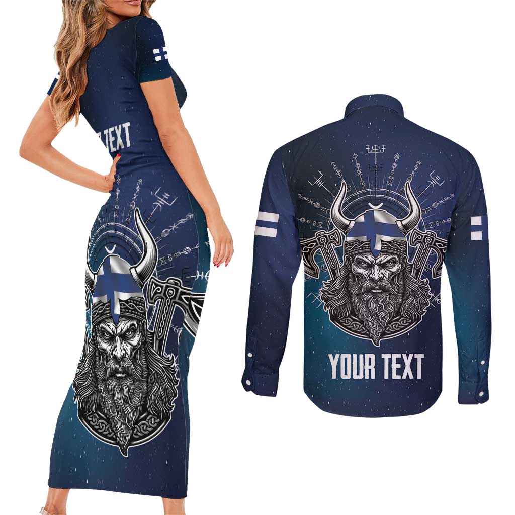 Personalized Finland Drakkar Vikings Couples Matching Short Sleeve Bodycon Dress and Long Sleeve Button Shirt Suomi Viking Warrior