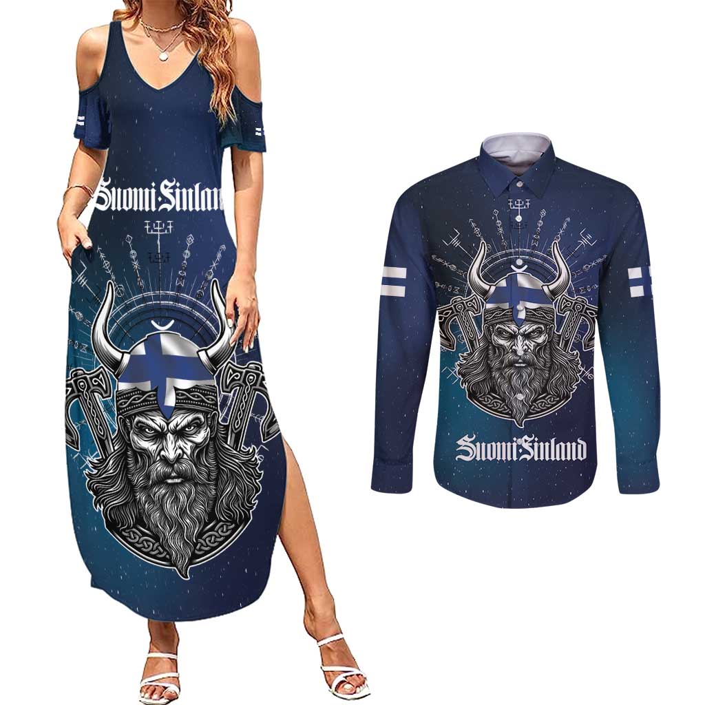 Personalized Finland Drakkar Vikings Couples Matching Summer Maxi Dress and Long Sleeve Button Shirt Suomi Viking Warrior