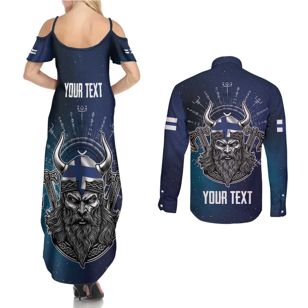 Personalized Finland Drakkar Vikings Couples Matching Summer Maxi Dress and Long Sleeve Button Shirt Suomi Viking Warrior