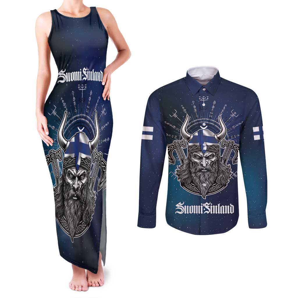 Personalized Finland Drakkar Vikings Couples Matching Tank Maxi Dress and Long Sleeve Button Shirt Suomi Viking Warrior