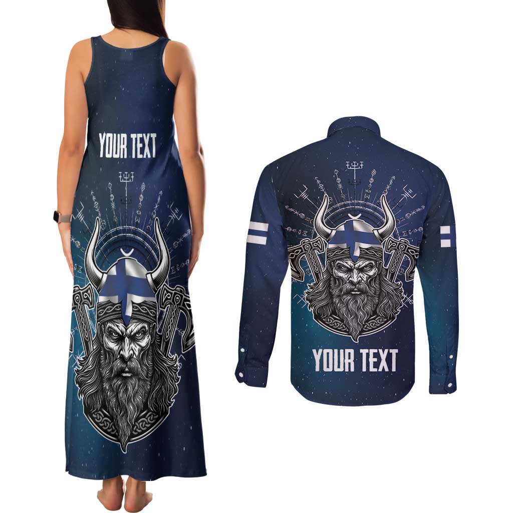 Personalized Finland Drakkar Vikings Couples Matching Tank Maxi Dress and Long Sleeve Button Shirt Suomi Viking Warrior