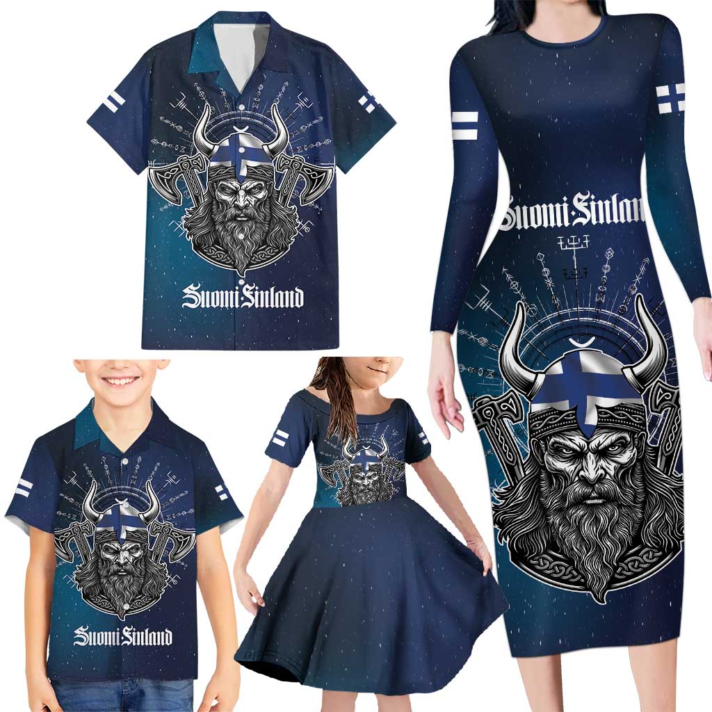 Personalized Finland Drakkar Vikings Family Matching Long Sleeve Bodycon Dress and Hawaiian Shirt Suomi Viking Warrior