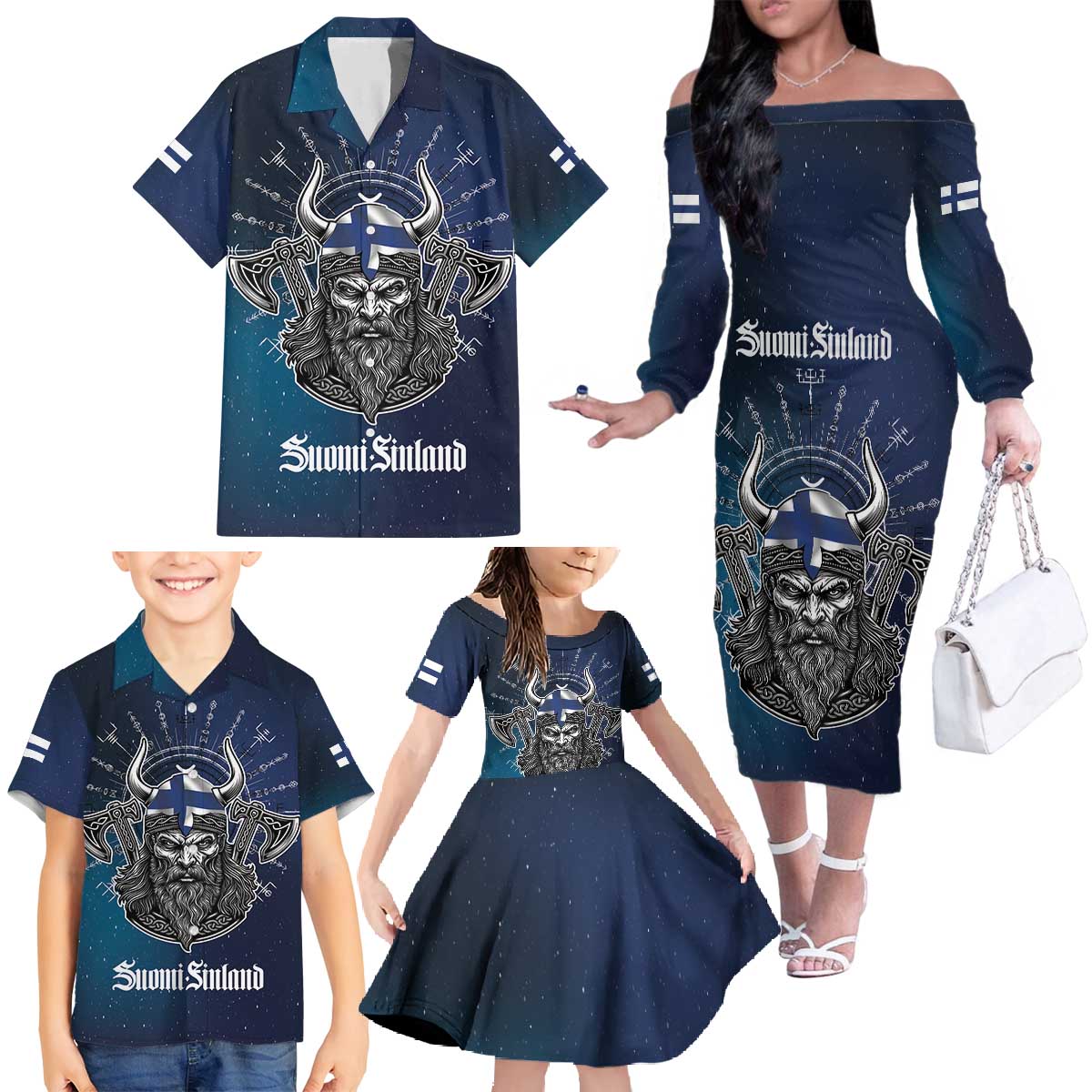 Personalized Finland Drakkar Vikings Family Matching Off The Shoulder Long Sleeve Dress and Hawaiian Shirt Suomi Viking Warrior