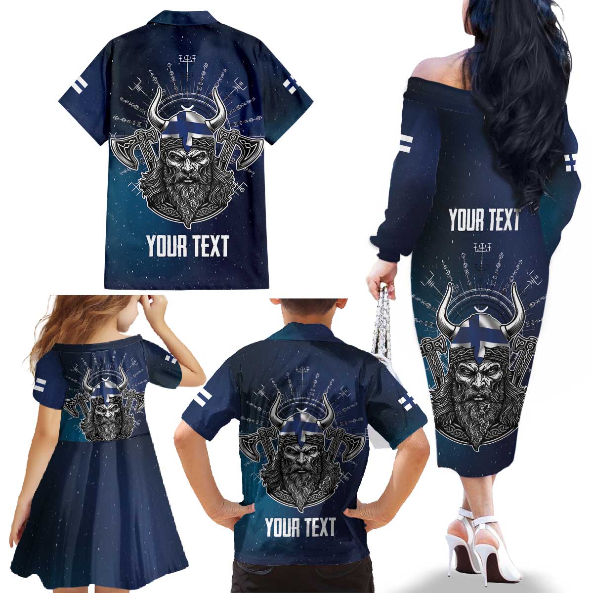 Personalized Finland Drakkar Vikings Family Matching Off The Shoulder Long Sleeve Dress and Hawaiian Shirt Suomi Viking Warrior