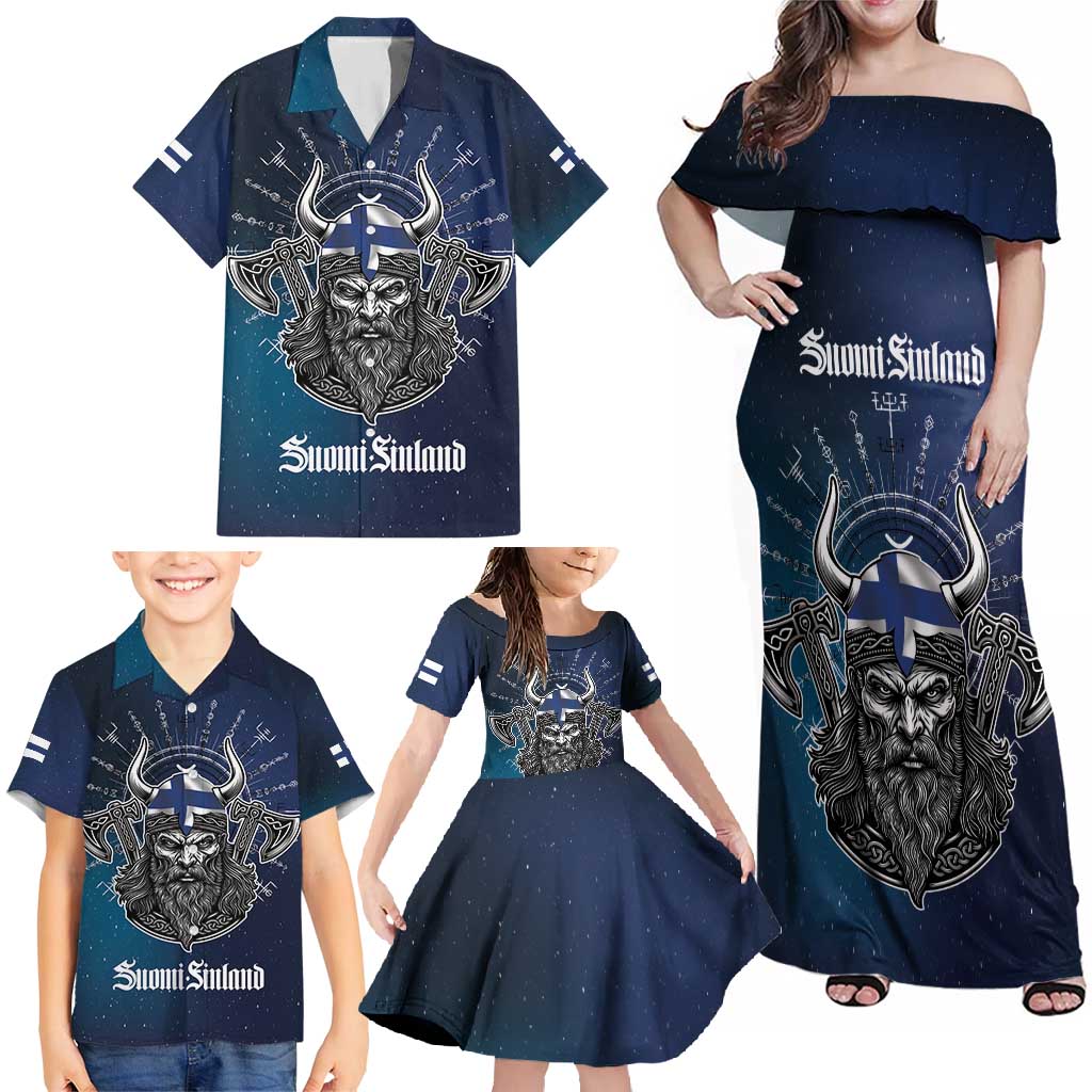 Personalized Finland Drakkar Vikings Family Matching Off Shoulder Maxi Dress and Hawaiian Shirt Suomi Viking Warrior