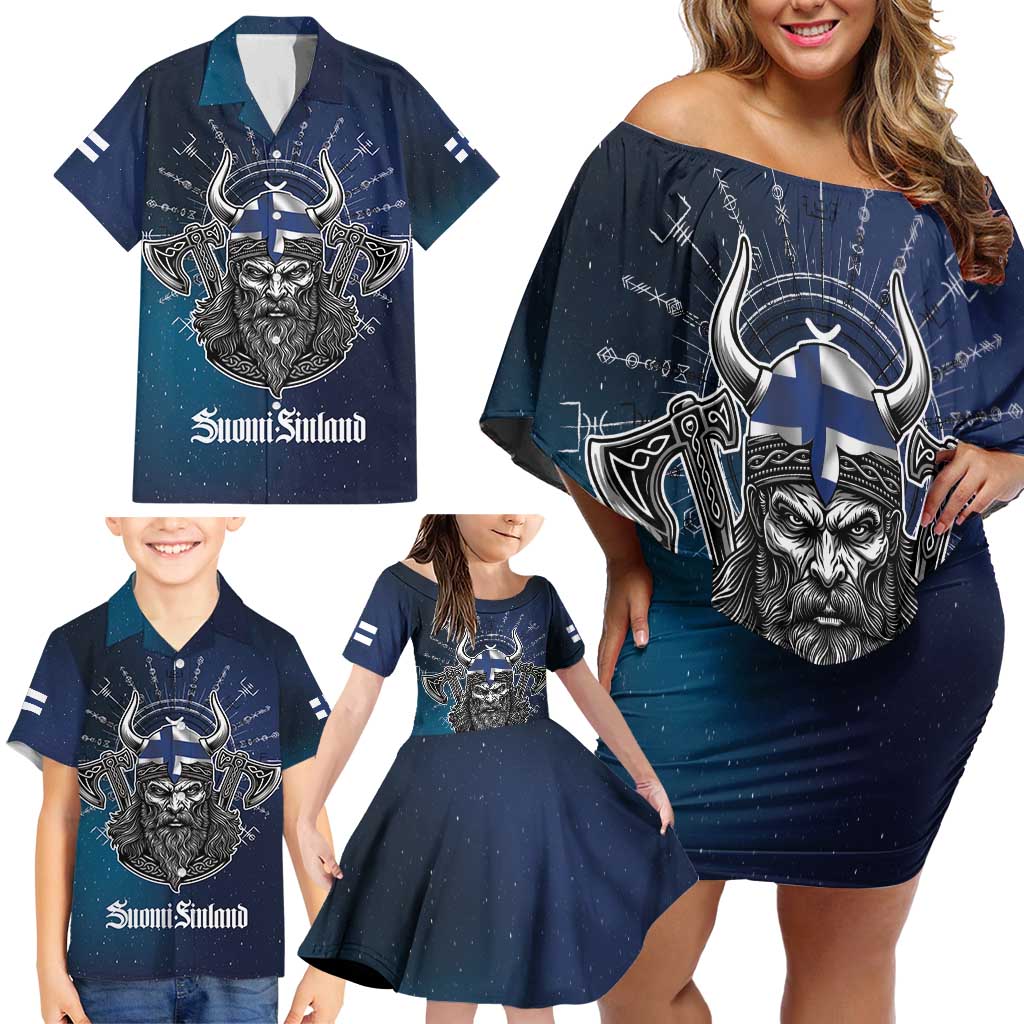 Personalized Finland Drakkar Vikings Family Matching Off Shoulder Short Dress and Hawaiian Shirt Suomi Viking Warrior