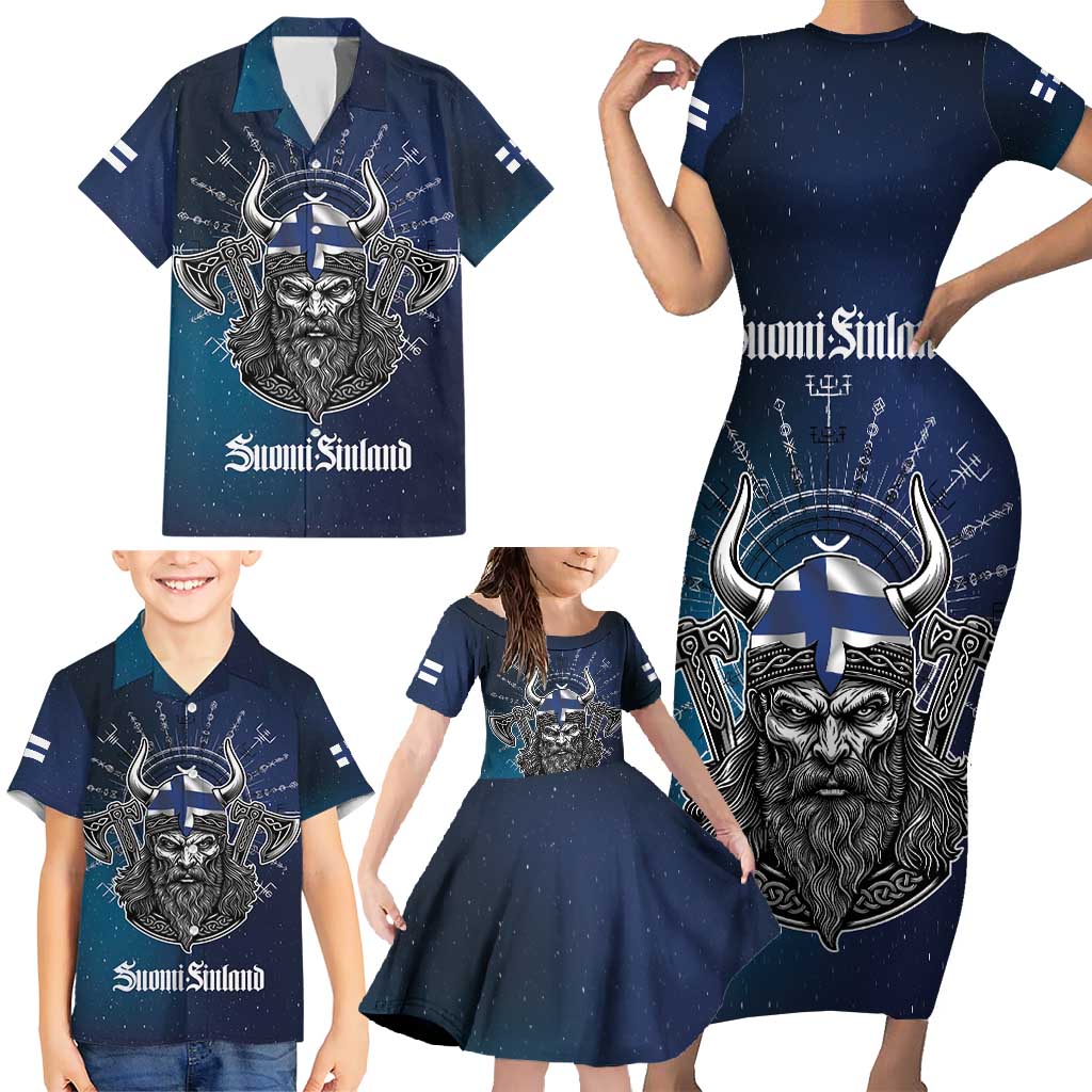 Personalized Finland Drakkar Vikings Family Matching Short Sleeve Bodycon Dress and Hawaiian Shirt Suomi Viking Warrior