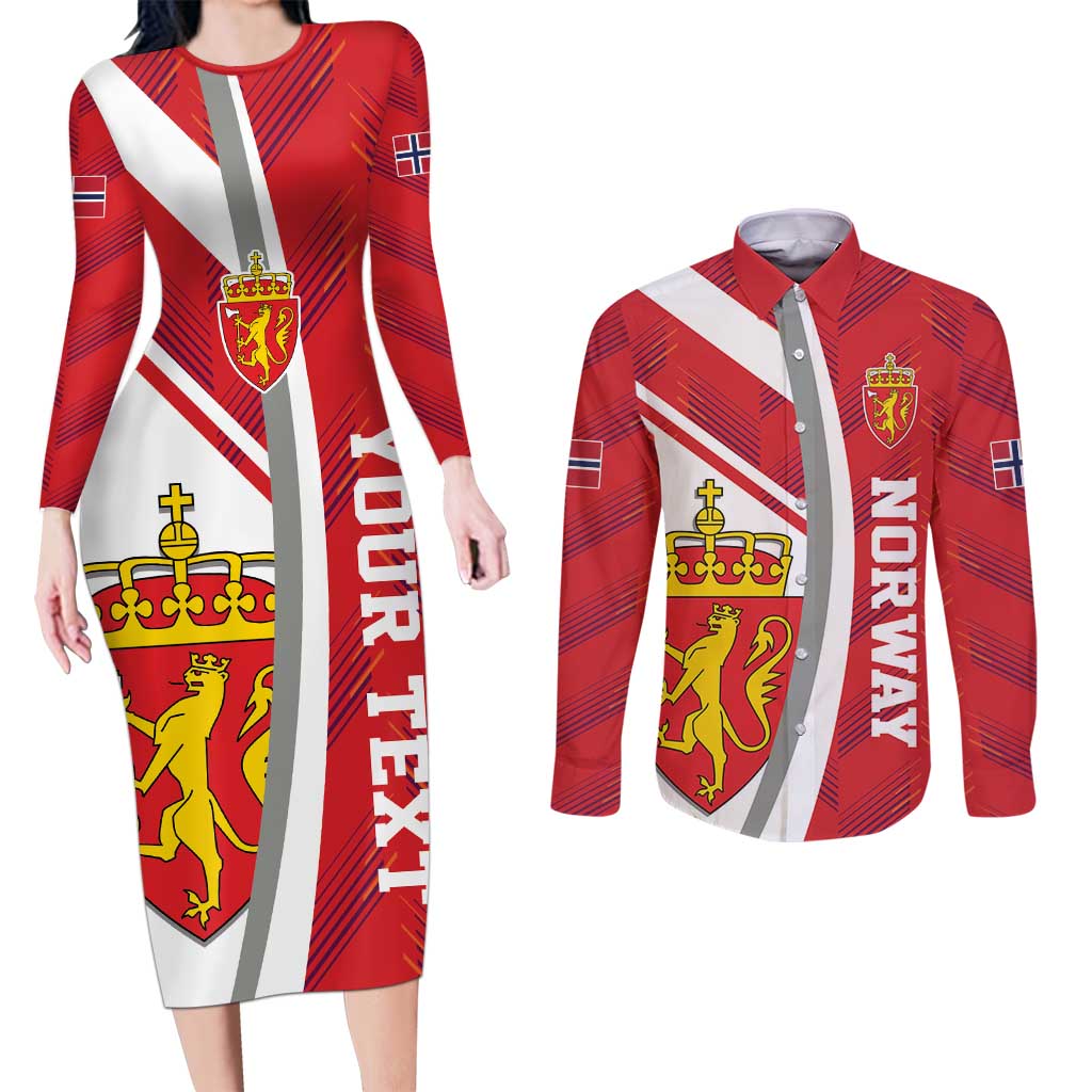 Personalized Norway Coat of Arms Couples Matching Long Sleeve Bodycon Dress and Long Sleeve Button Shirt Golden Lion