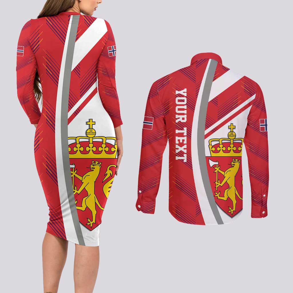 Personalized Norway Coat of Arms Couples Matching Long Sleeve Bodycon Dress and Long Sleeve Button Shirt Golden Lion