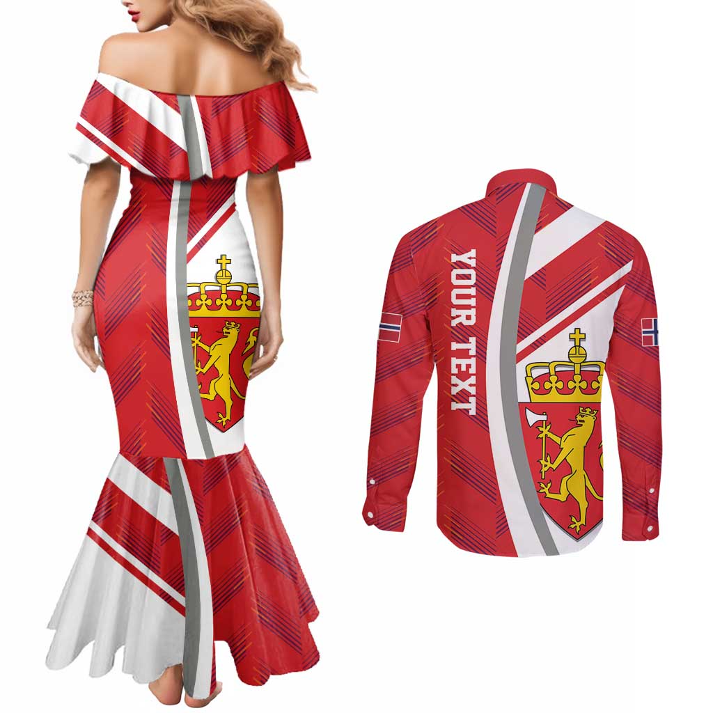 Personalized Norway Coat of Arms Couples Matching Mermaid Dress and Long Sleeve Button Shirt Golden Lion