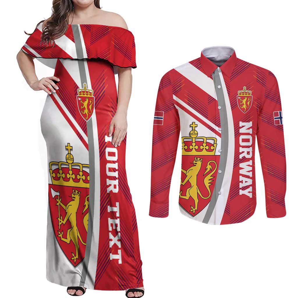 Personalized Norway Coat of Arms Couples Matching Off Shoulder Maxi Dress and Long Sleeve Button Shirt Golden Lion