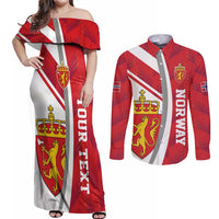 Personalized Norway Coat of Arms Couples Matching Off Shoulder Maxi Dress and Long Sleeve Button Shirt Golden Lion
