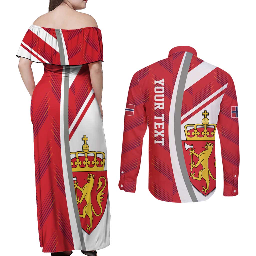 Personalized Norway Coat of Arms Couples Matching Off Shoulder Maxi Dress and Long Sleeve Button Shirt Golden Lion