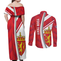 Personalized Norway Coat of Arms Couples Matching Off Shoulder Maxi Dress and Long Sleeve Button Shirt Golden Lion
