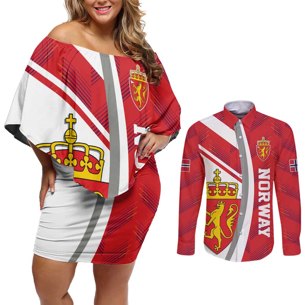 Personalized Norway Coat of Arms Couples Matching Off Shoulder Short Dress and Long Sleeve Button Shirt Golden Lion