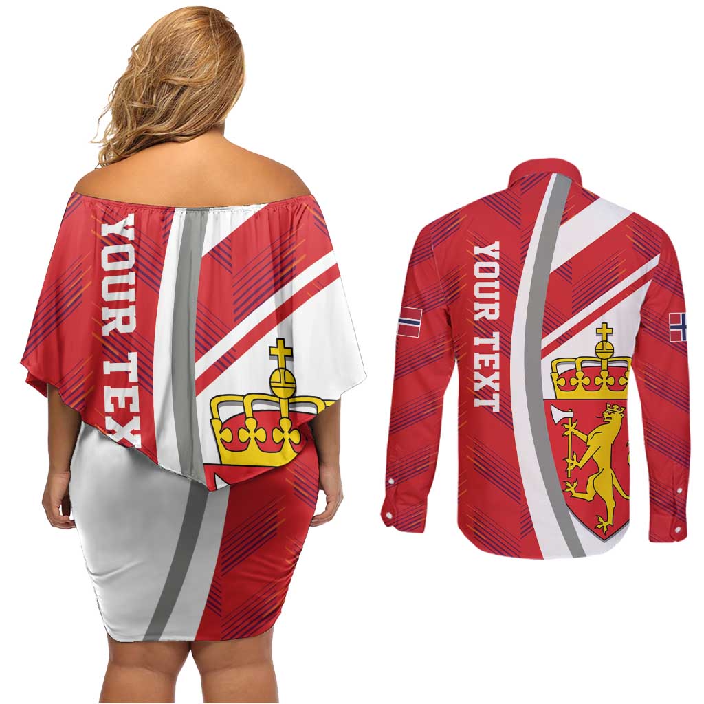 Personalized Norway Coat of Arms Couples Matching Off Shoulder Short Dress and Long Sleeve Button Shirt Golden Lion